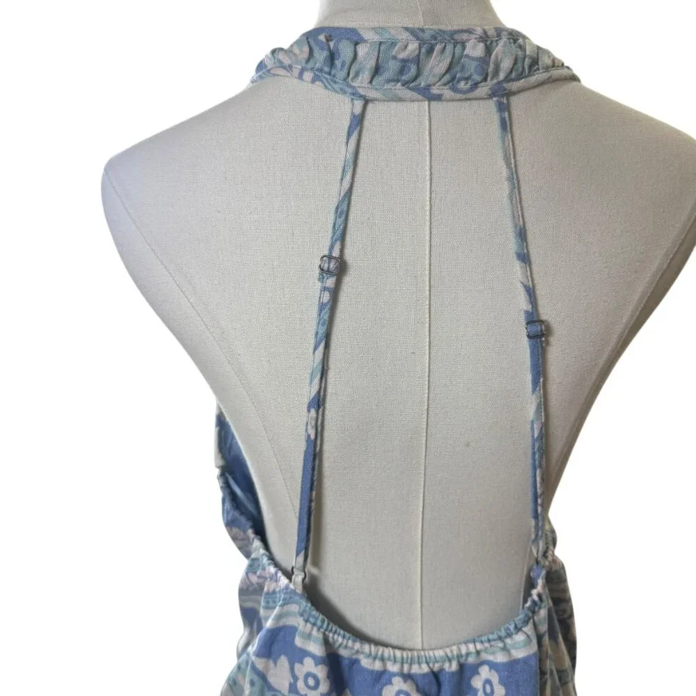 Free People Linen Blend Halter Mini Dress Blue Boho Floral Stripe Pattern Size M - Picture 4 of 12
